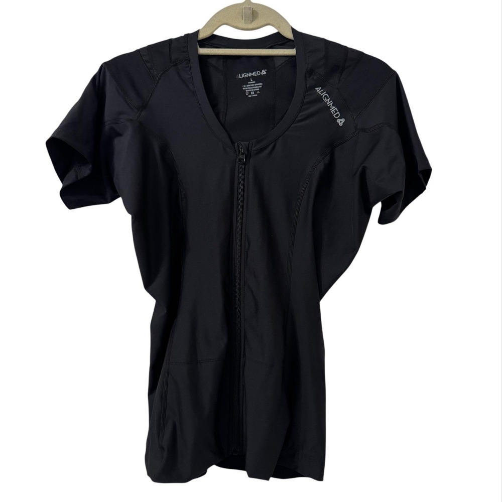AlignMed Womens Black Posture Shirt 2.0 Zip Short‎ Sleeve Postural Health Size L